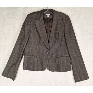 Ann Taylor LOFT Womens 12 Suit Jacket Blazer Brow Plaid Modern Lined Button Wool